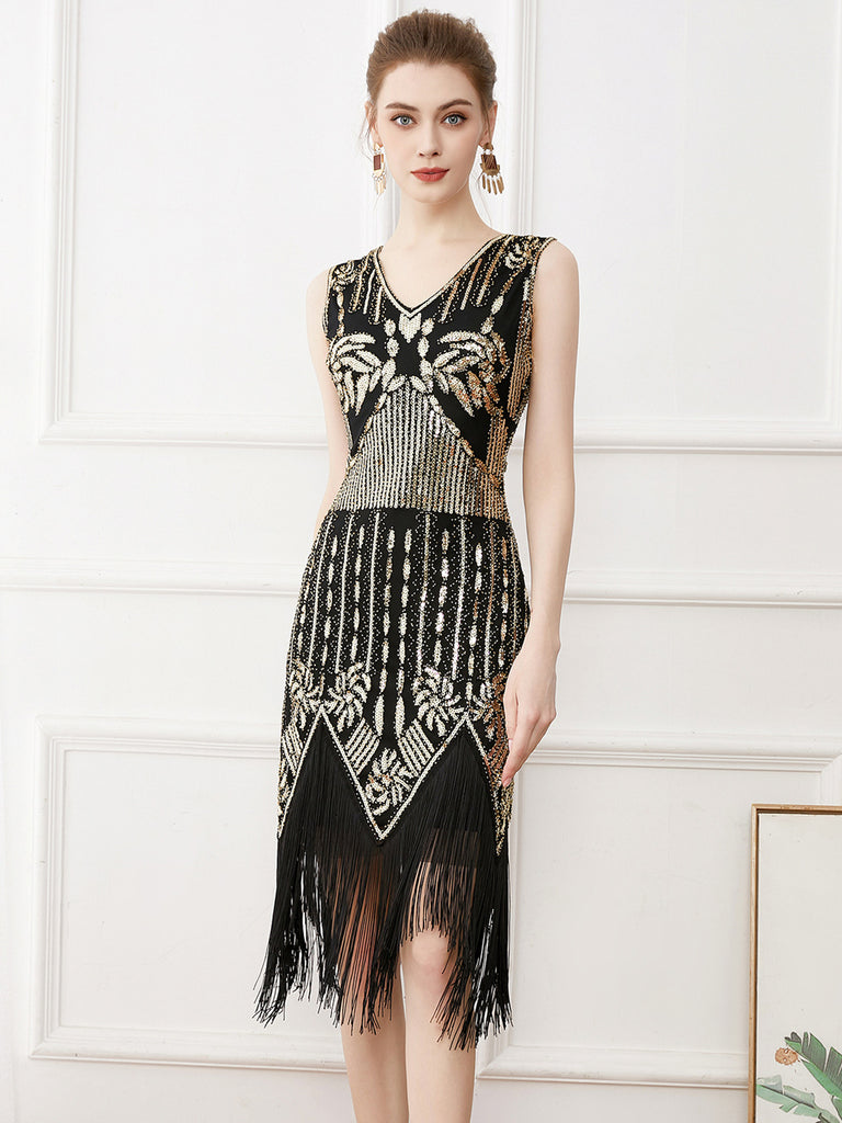 Gold 1920s Tassel Sequined Sleeveless Gatsby Dress