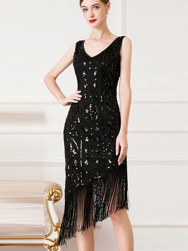 1920s Gatsby Sequins Tassel Oblique Hem Dress