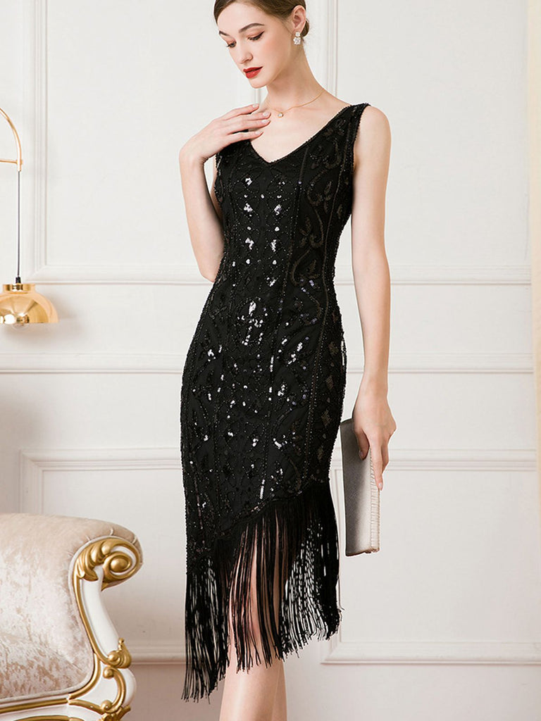 1920s Gatsby Sequins Tassel Oblique Hem Dress