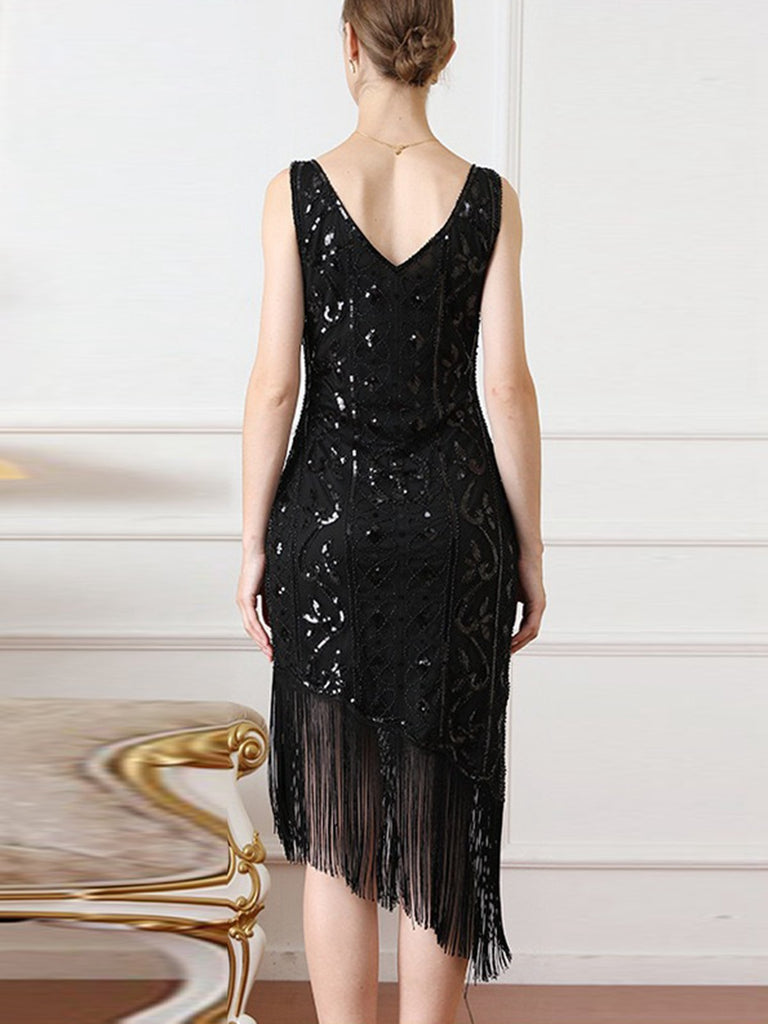 1920s Gatsby Sequins Tassel Oblique Hem Dress