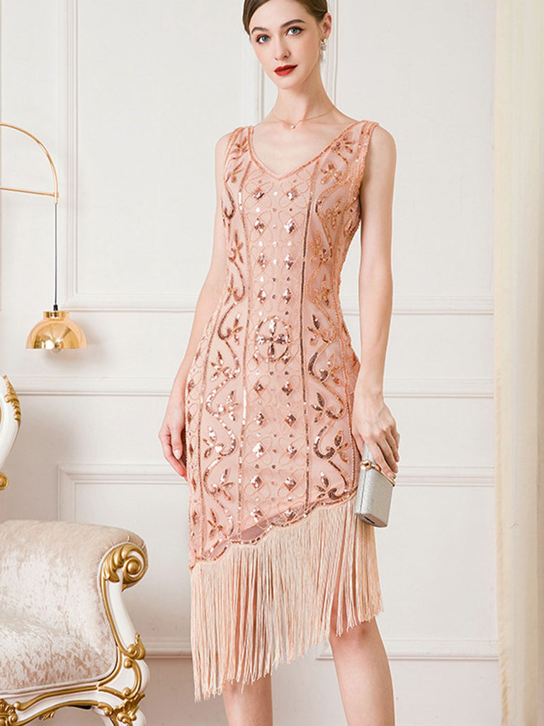 1920s Gatsby Sequins Tassel Oblique Hem Dress