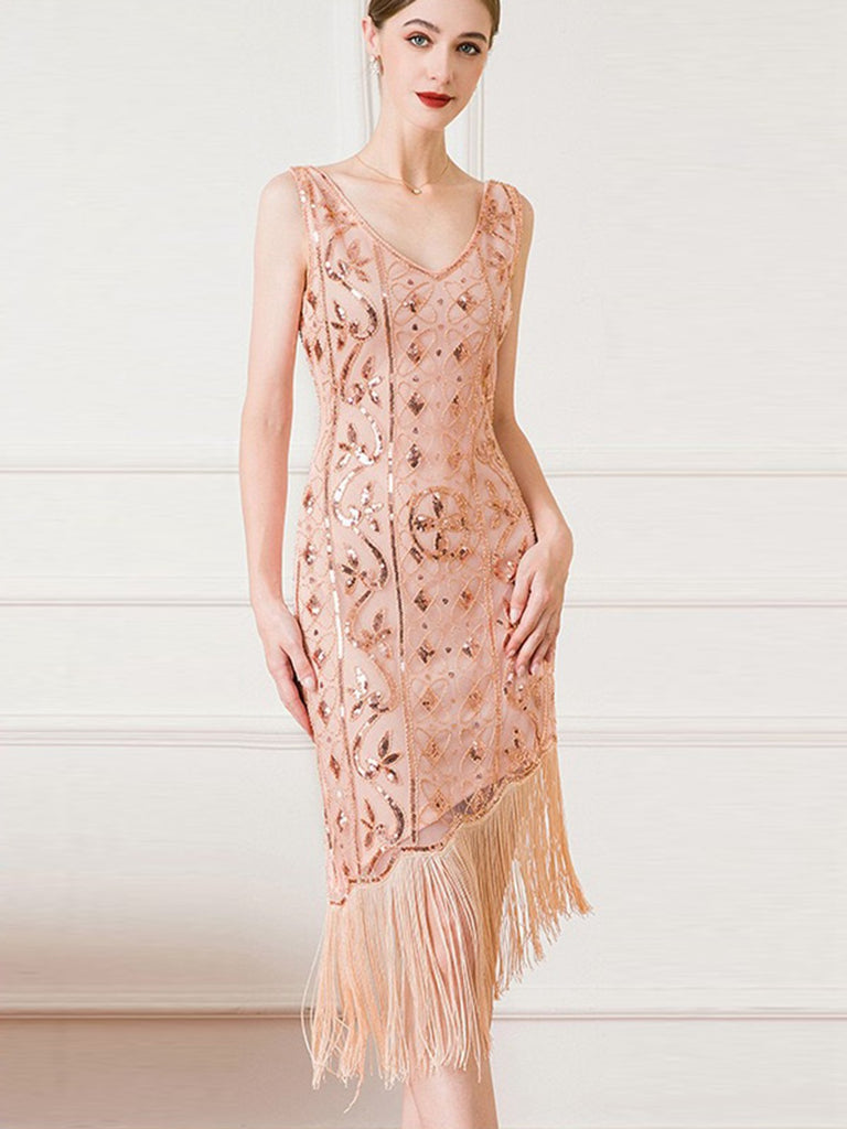 1920s Gatsby Sequins Tassel Oblique Hem Dress