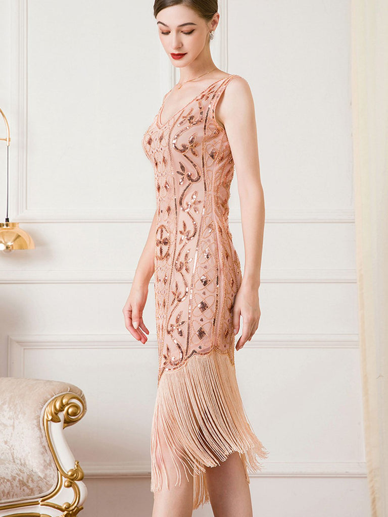 1920s Gatsby Sequins Tassel Oblique Hem Dress