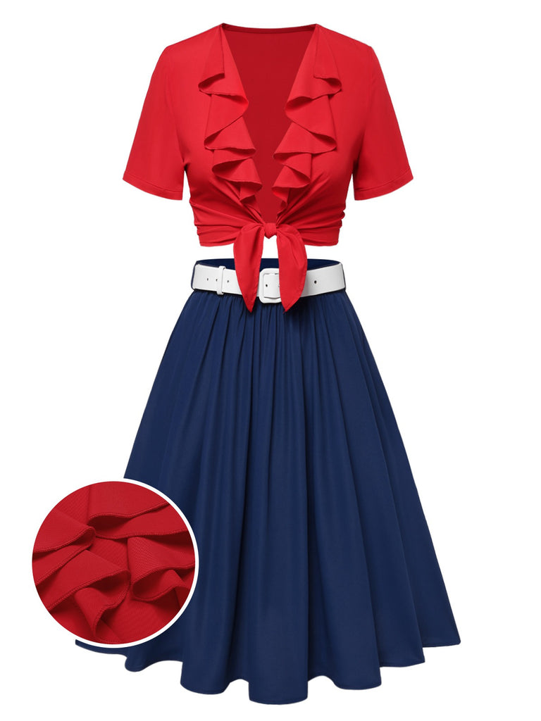 [Pre-Sale] 2PCS Red & Blue 1950s Ruffle Neck Knotted Blouse & Pleated Skirt