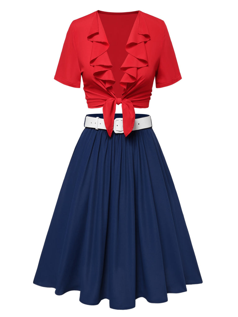 [Pre-Sale] 2PCS Red & Blue 1950s Ruffle Neck Knotted Blouse & Pleated Skirt