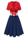 [Pre-Sale] 2PCS Red & Blue 1950s Ruffle Neck Knotted Blouse & Pleated Skirt