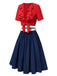 [Pre-Sale] 2PCS Red & Blue 1950s Ruffle Neck Knotted Blouse & Pleated Skirt