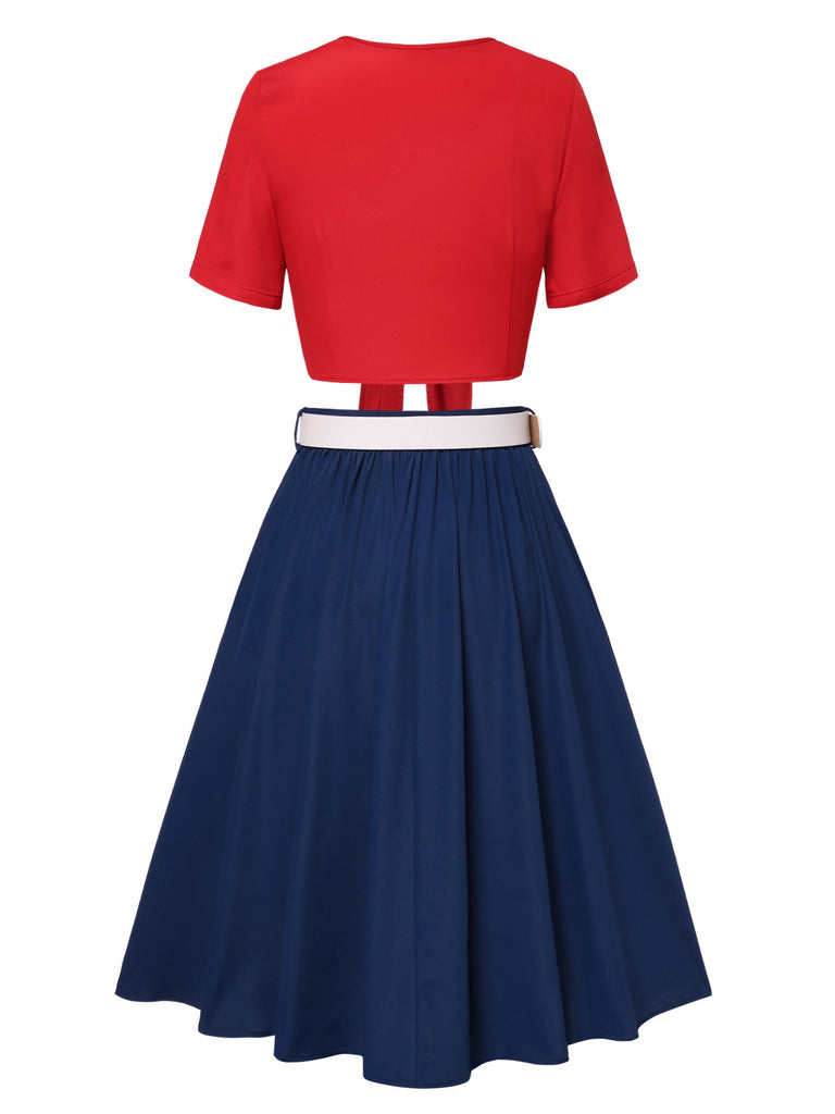 [Pre-Sale] 2PCS Red & Blue 1950s Ruffle Neck Knotted Blouse & Pleated Skirt