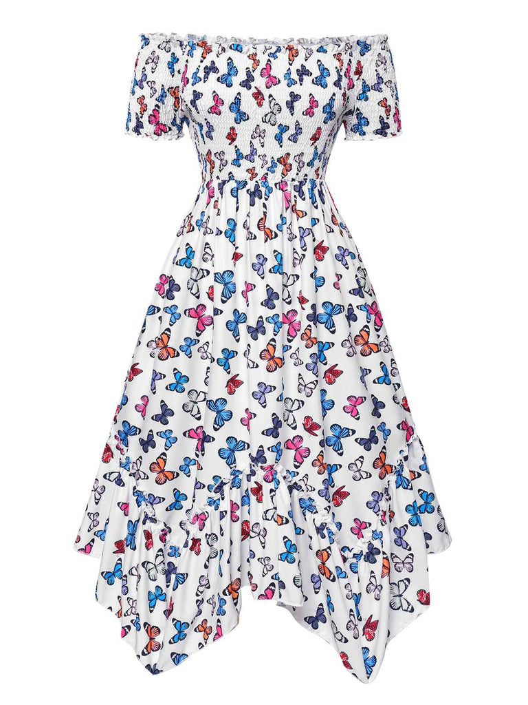 Multicolor 1930s Butterfly Print Off-Shoulder Irregular Dress