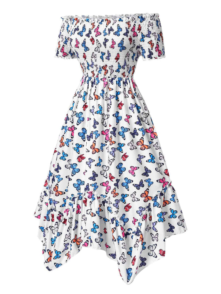 Multicolor 1930s Butterfly Print Off-Shoulder Irregular Dress