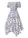 Multicolor 1930s Butterfly Print Off-Shoulder Irregular Dress