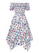 Multicolor 1930s Butterfly Print Off-Shoulder Irregular Dress