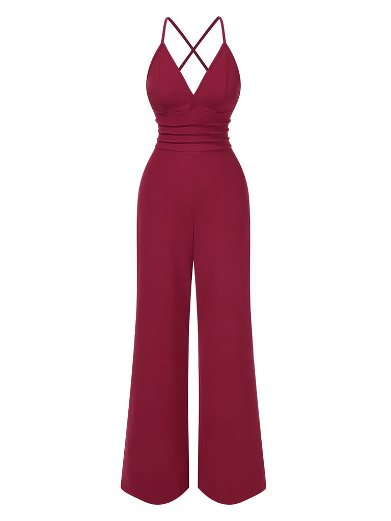 1970s Solid V-Neck Back Cross Straps Jumpsuit