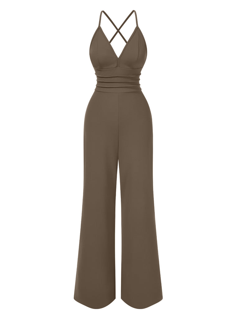 1970s Solid V-Neck Back Cross Straps Jumpsuit