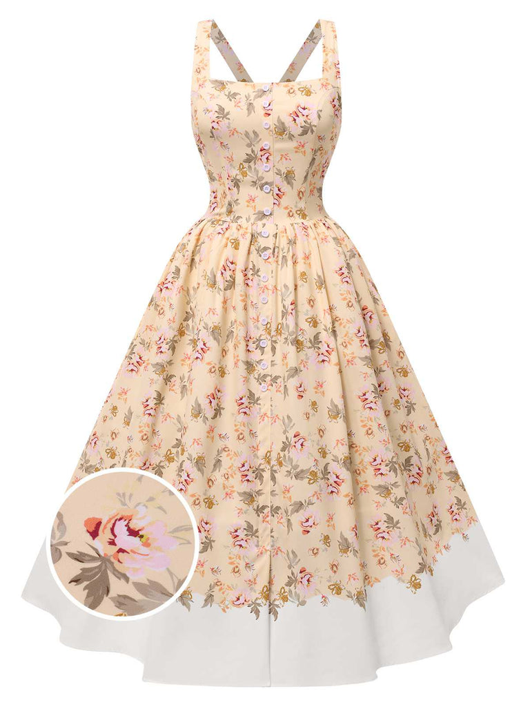 1950s Strap Square Neck Corset Floral Dress