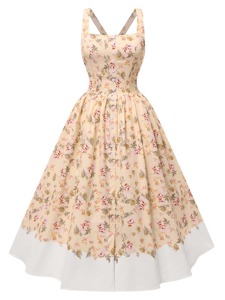 1950s Strap Square Neck Corset Floral Dress