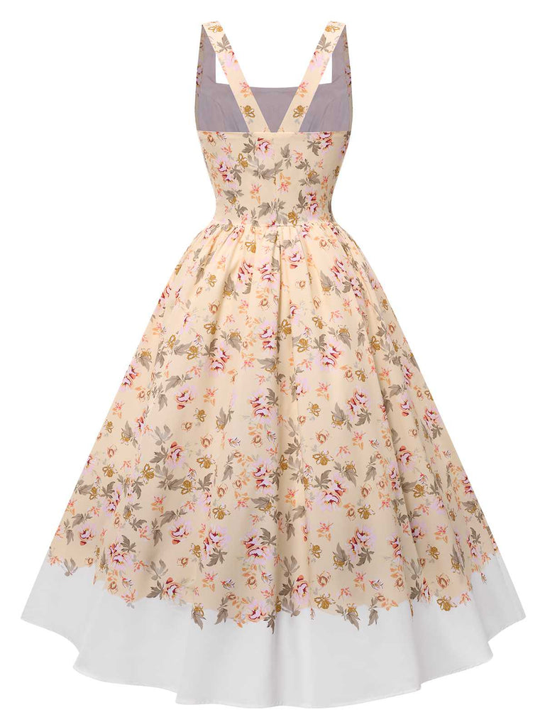 1950s Strap Square Neck Corset Floral Dress