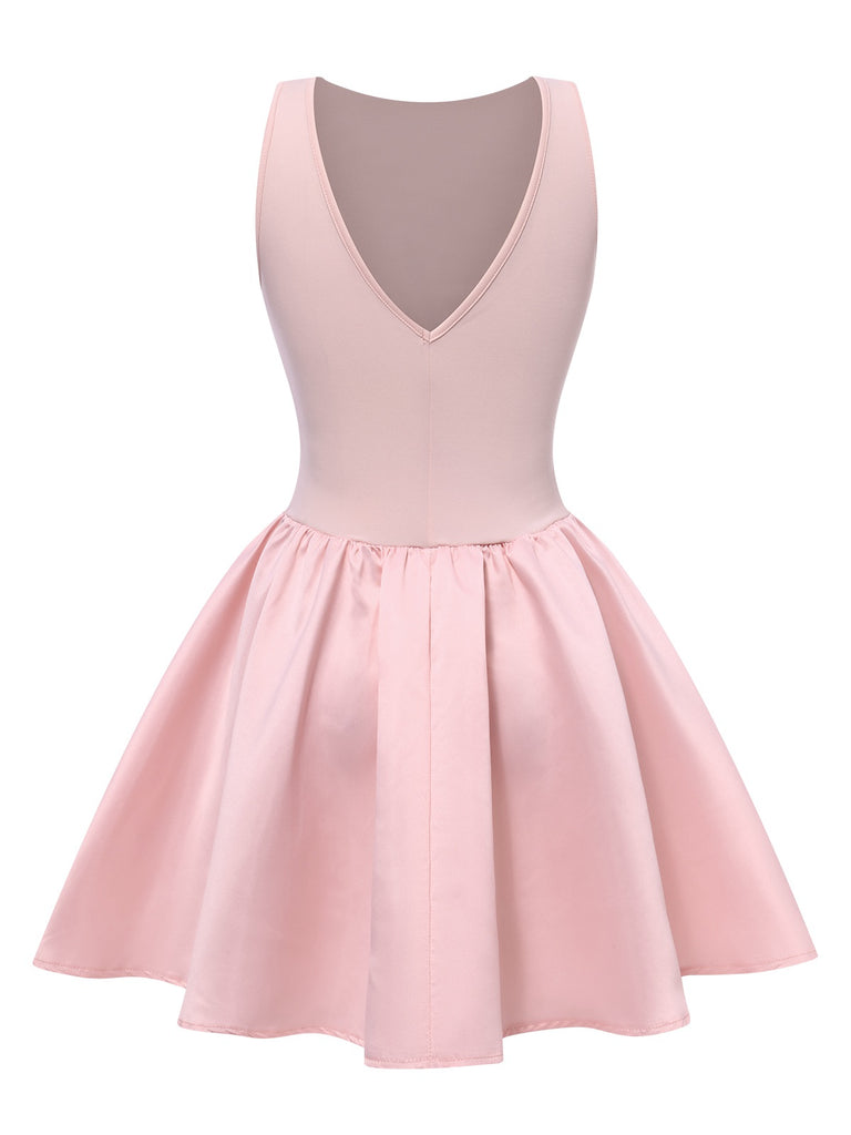 Pink 1950s Solid Bow Backless Skater Dress