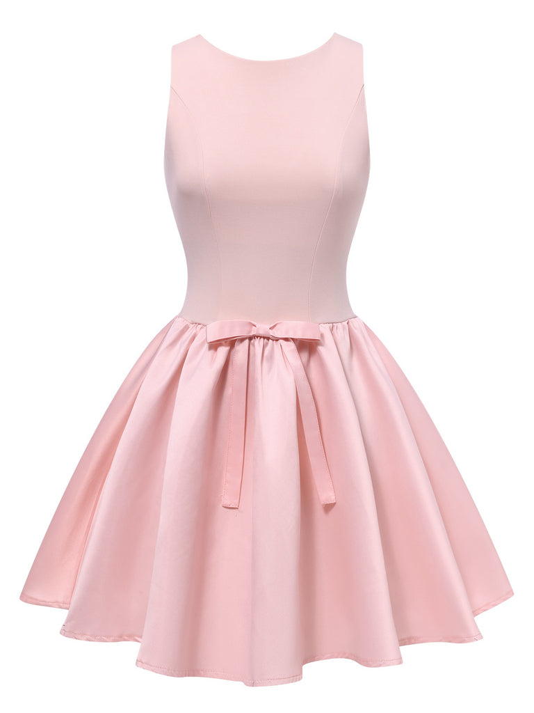 Pink 1950s Solid Bow Backless Skater Dress