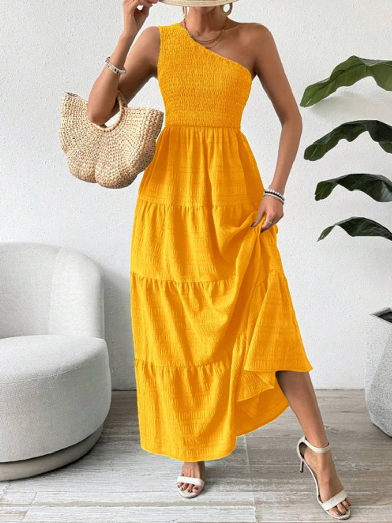 Yellow 1930s One-Shoulder Smocked Tiered Dress