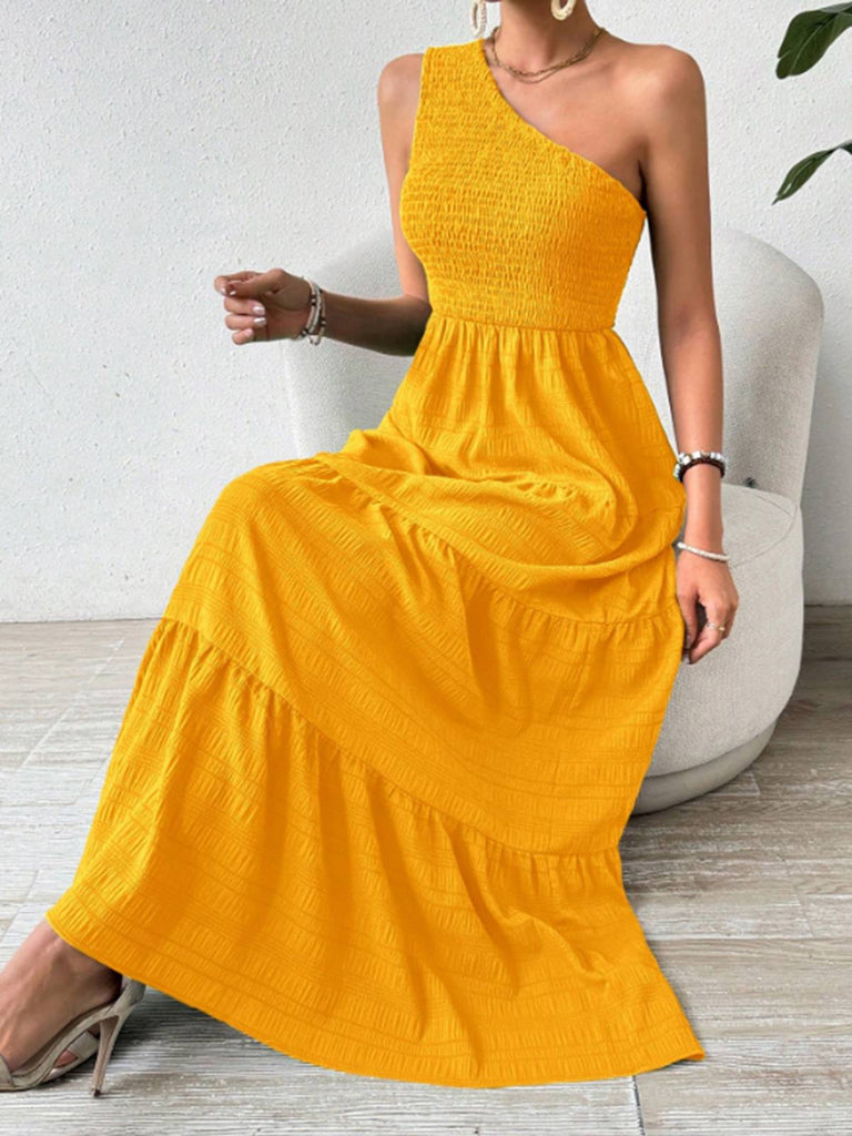 Yellow 1930s One-Shoulder Smocked Tiered Dress