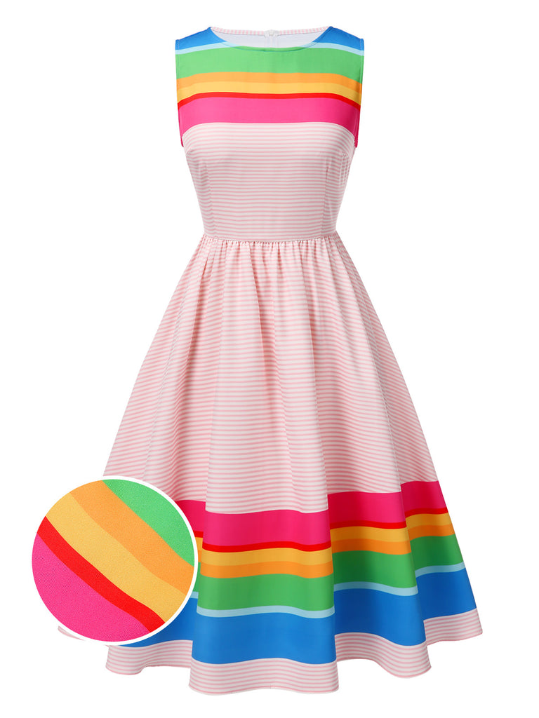 [Pre-Sale] Multicolor 1950s Rainbow Striped Boat Neck Dress