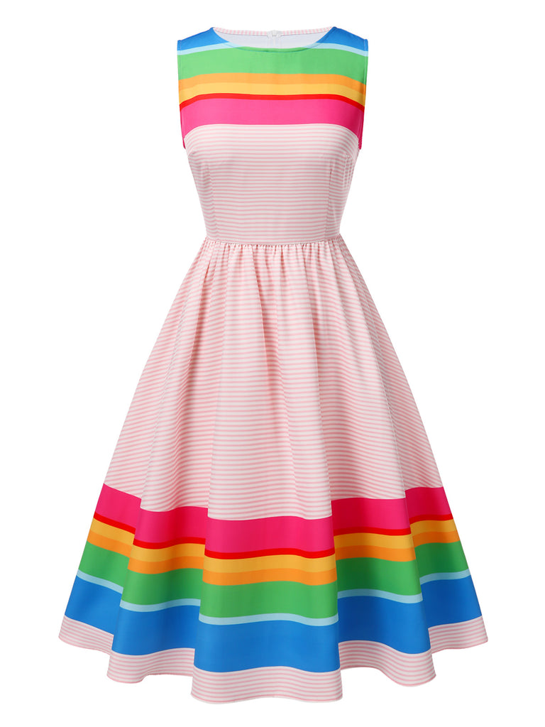 [Pre-Sale] Multicolor 1950s Rainbow Striped Boat Neck Dress