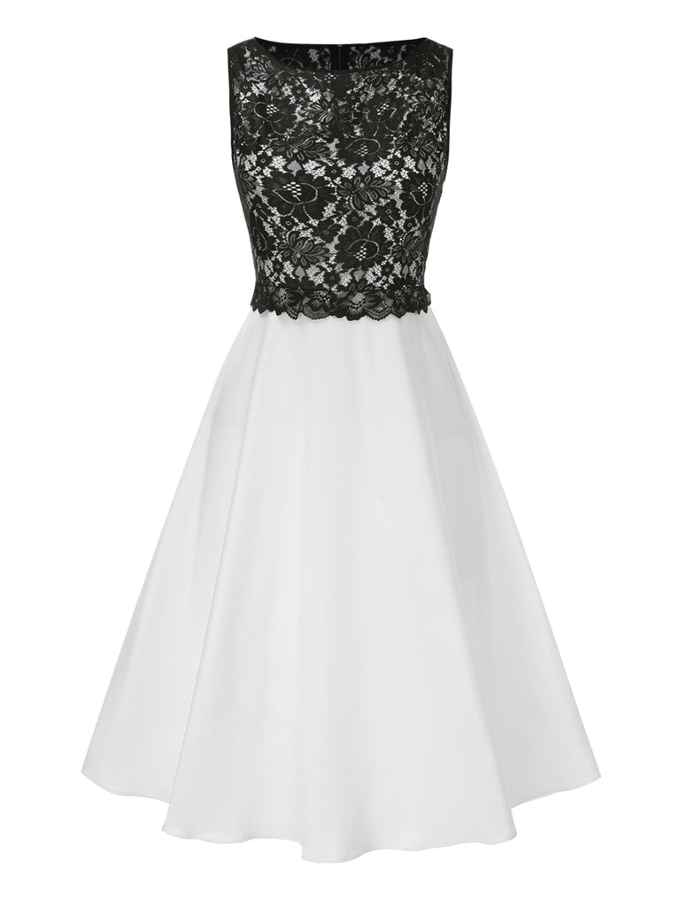 [Pre-Sale] White 1950s Black Lace Cutout Patchwork Dress