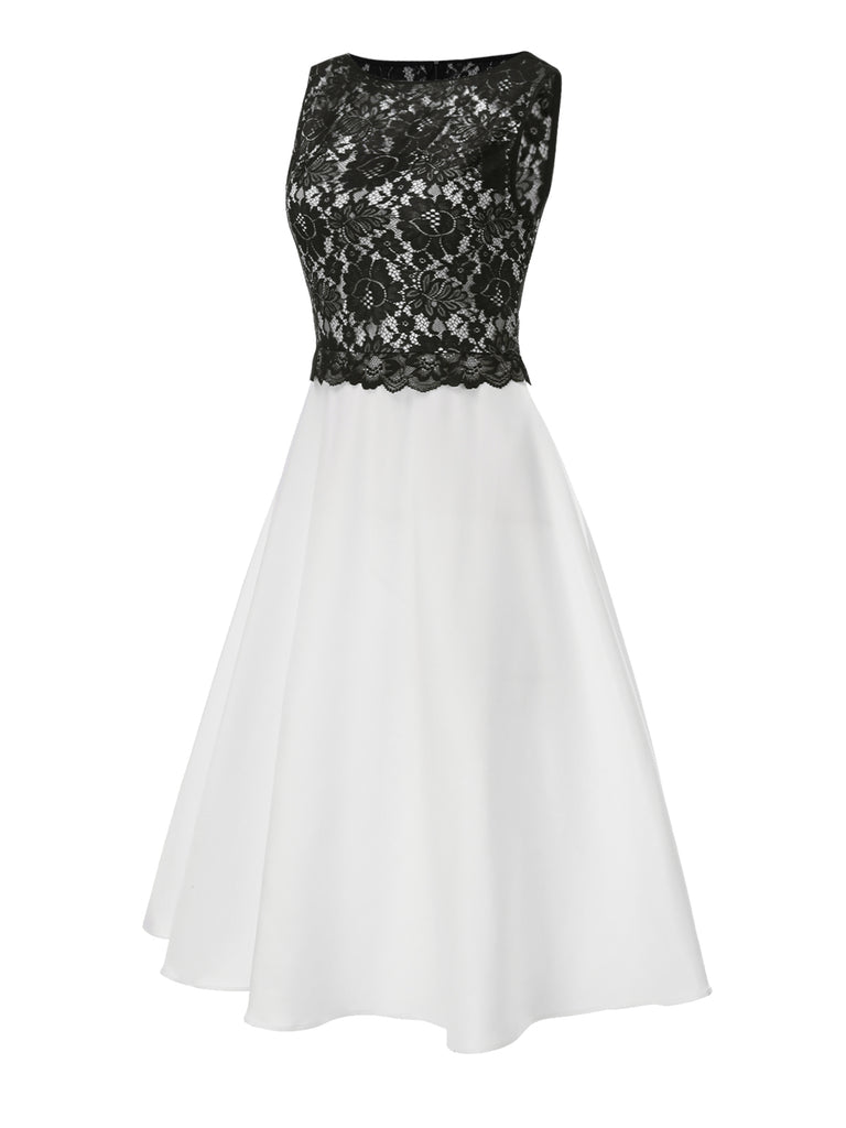 [Pre-Sale] White 1950s Black Lace Cutout Patchwork Dress