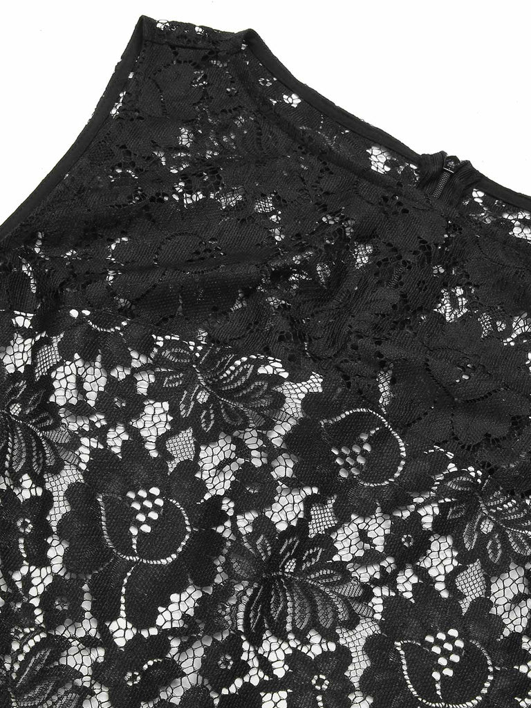 [Pre-Sale] White 1950s Black Lace Cutout Patchwork Dress