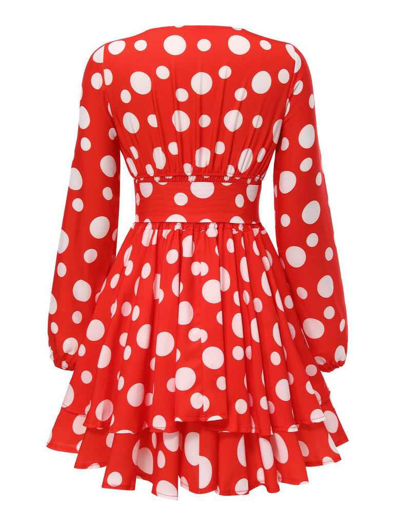 Red 1950s Polka Dot V-Neck Smocked Dress