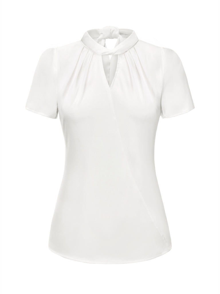 [Pre-Sale] White 1930s Solid Keyhole-Neck Satin Blouse