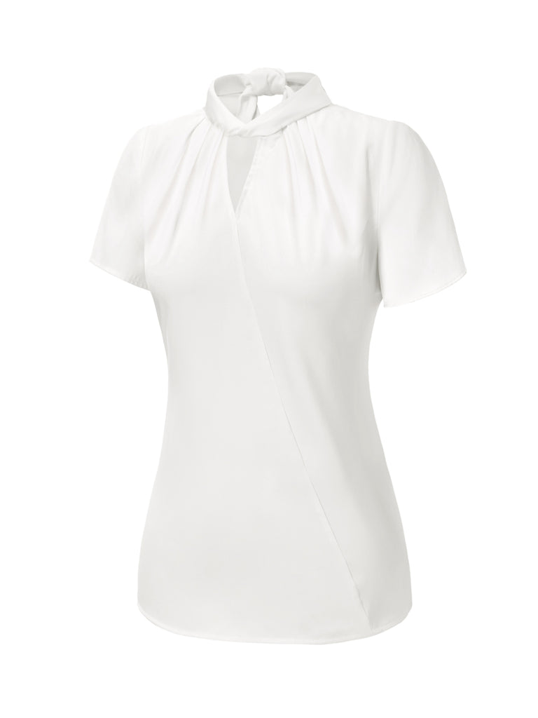 [Pre-Sale] White 1930s Solid Keyhole-Neck Satin Blouse