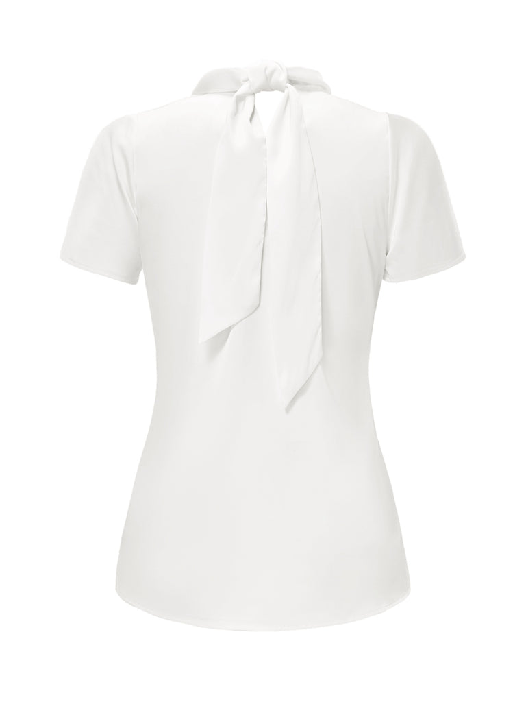 [Pre-Sale] White 1930s Solid Keyhole-Neck Satin Blouse