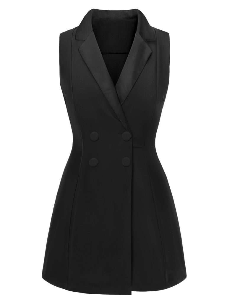 [Pre-Sale] Black 1960s Lapel Button Sleeveless Romper