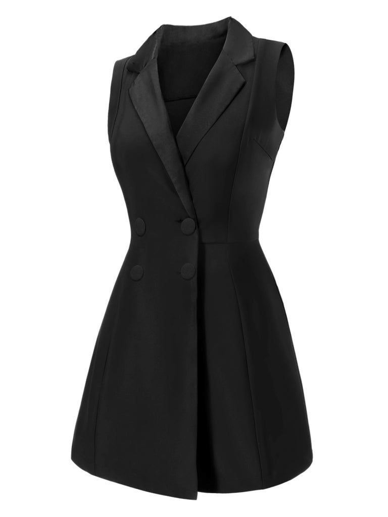 [Pre-Sale] Black 1960s Lapel Button Sleeveless Romper
