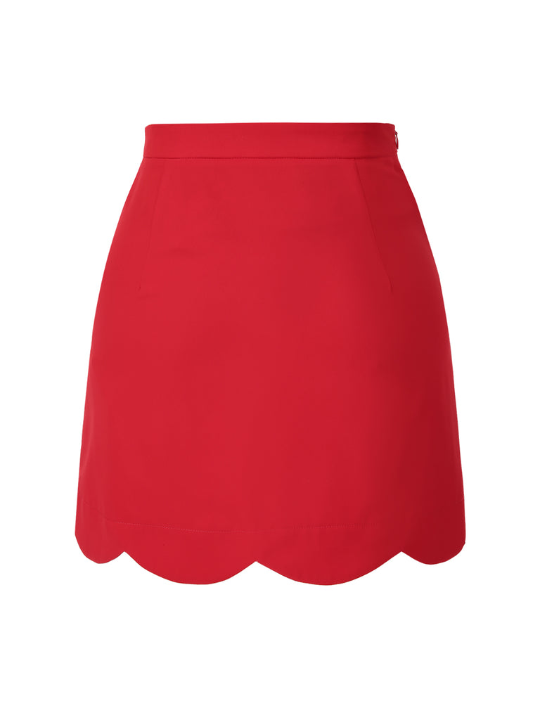 [Pre-Sale] Red 1960s Flower Trim Button Solid Skirt