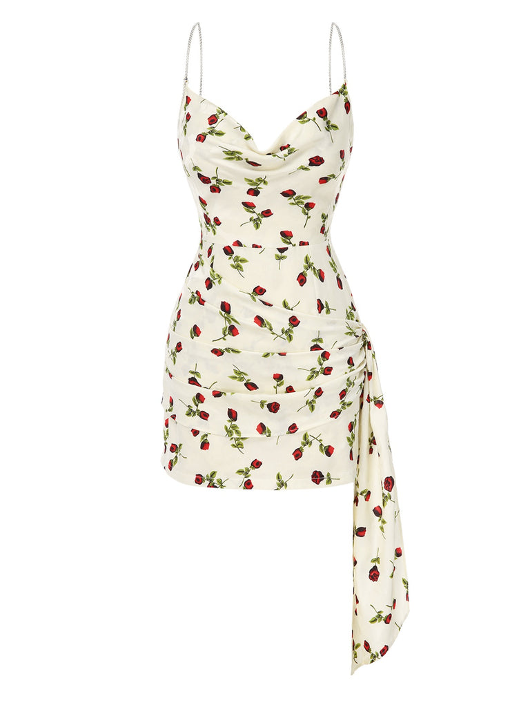 [Pre-Sale] White 1930s Rose Pleated Cowl Neck Straps Dress
