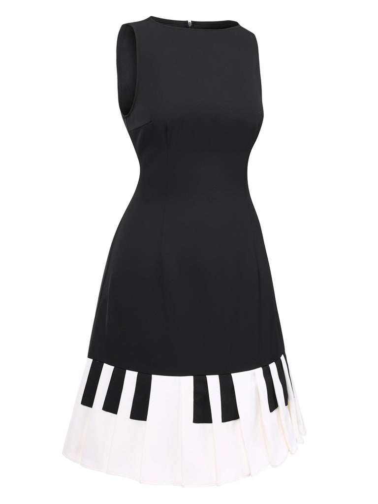 [Pre-Sale] Black 1960s Boat Neck Piano Key Patchwork Dress