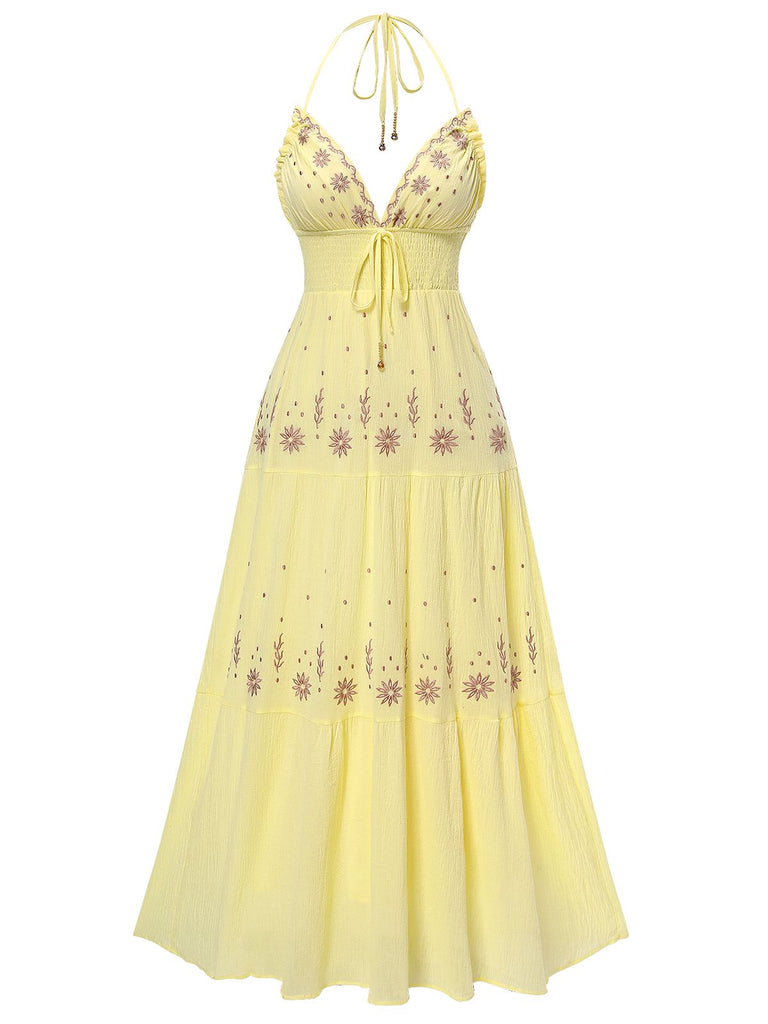 Apricot 1930s V-Neck Embroidered Floral Dress