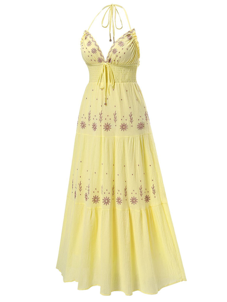 Apricot 1930s V-Neck Embroidered Floral Dress