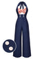 [Pre-Sale] Blue 1970s Twist Hollow Halter Stripes Jumpsuit