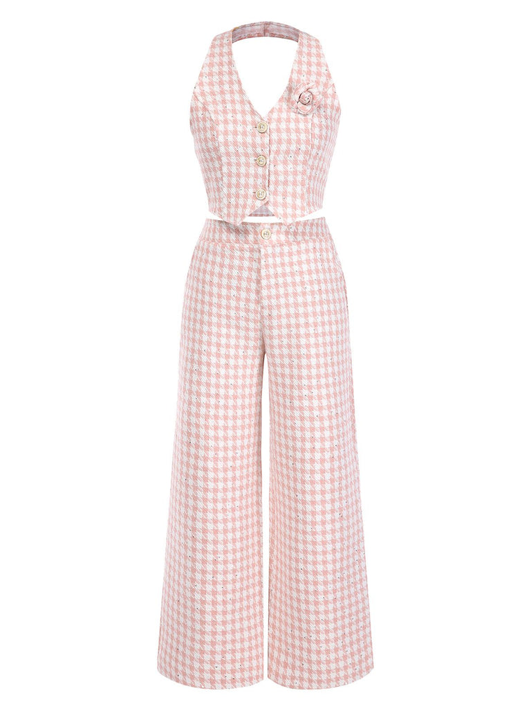 2PCS Pink 1930s Houndstooth Halter Crop Top & Pants