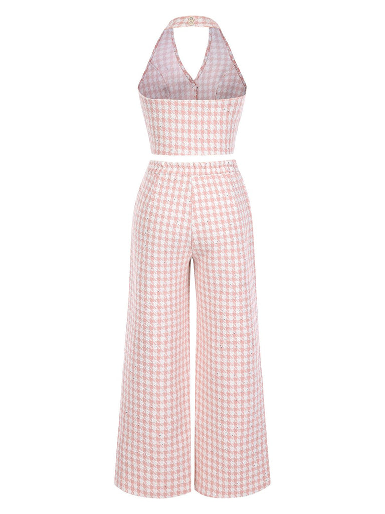 2PCS Pink 1930s Houndstooth Halter Crop Top & Pants