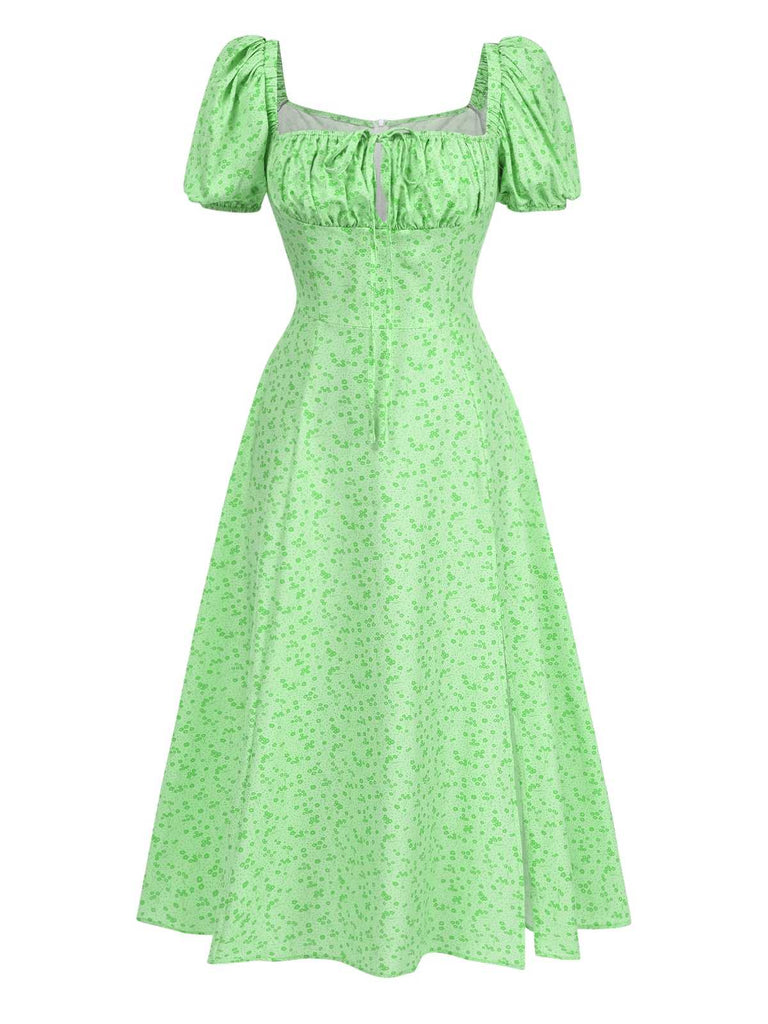 Green 1970s Puff Sleeve Ditsy Floral Slit Dress