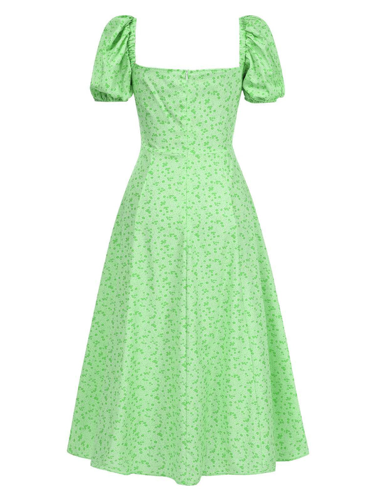 Green 1970s Puff Sleeve Ditsy Floral Slit Dress