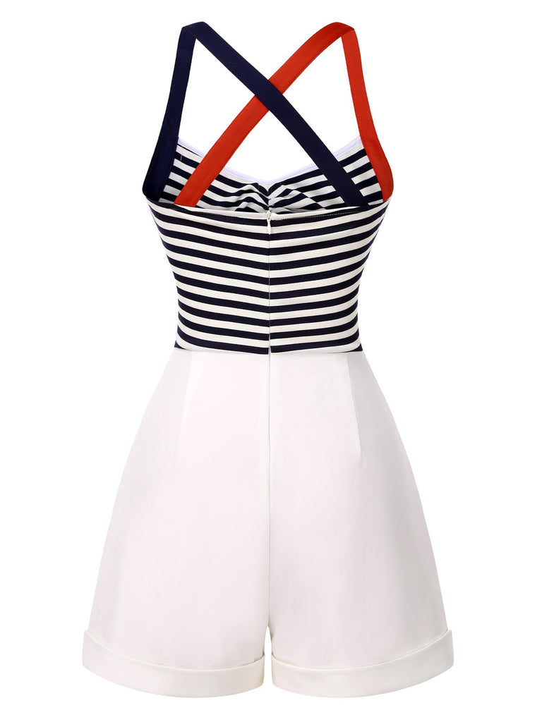 [Pre-Sale] Blue & Red 1950s Stripes Patchwork Straps Romper