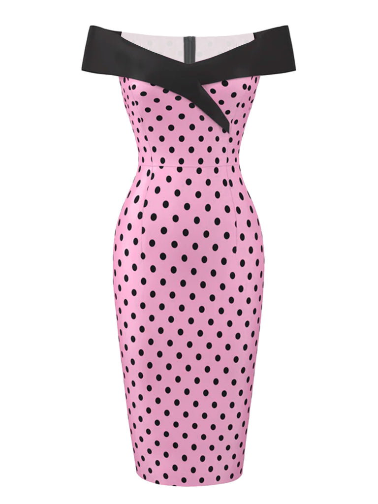 [Pre-Sale] Pink 1960s Off-shoulder Dots Pencil Dress