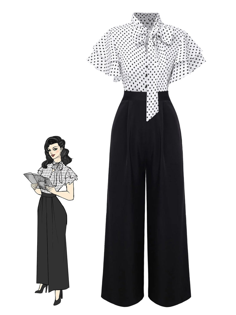 [Pre-Sale] Black 1930s Polka Dots Tie-Neck Jumpsuit