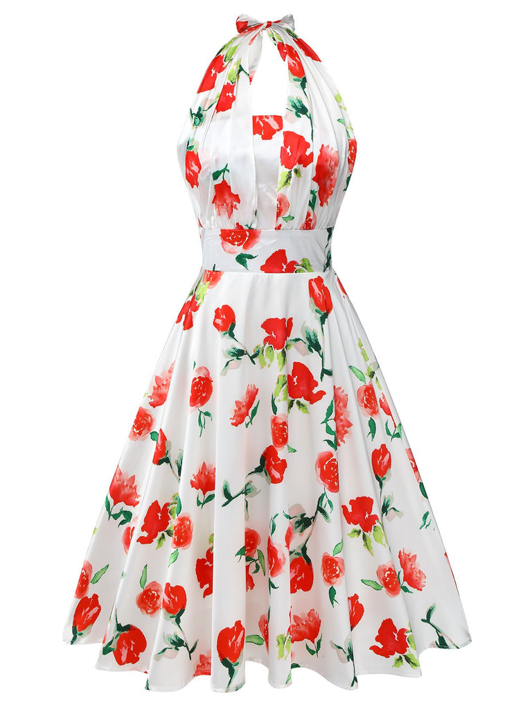 White 1950s Watercolor Rose Halter Dress | Retro Stage